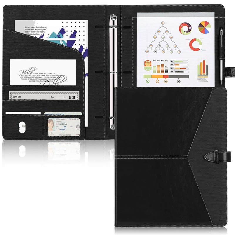 Toplive Padfolio 3 Ring Binder Organizer Business Portfolio Folder for Women, A4/ Letter Size PU Leather Professional Portfolio Padfolio for Interview Conference Presentation, Black - Image 1